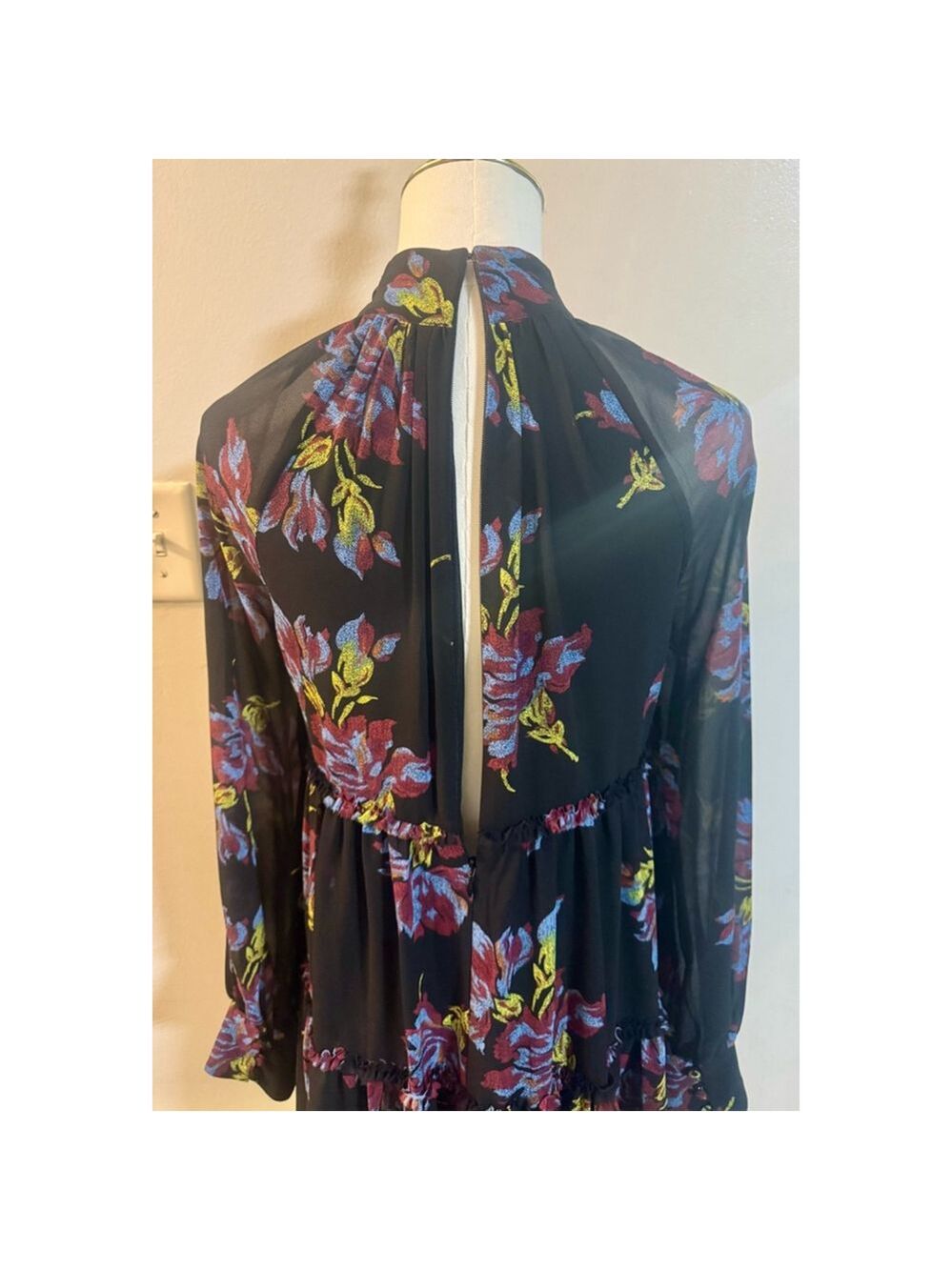 Cinq à Sept Revina Floral Print Mini Dress Black Size 0 Mock-neck Bow Key-hole - Picture 13 of 16